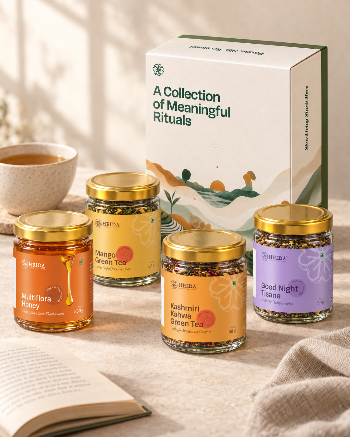 HRIDA gift box with Mango Green Tea, Kashmiri Kahwa, Good Night Tisane and Multiflora Honey